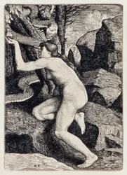 Eva wird von Satan in Form einer Schlange verführt aus Das verlorene Paradies von John Milton, eine Serie von 12 Illustrationen von William Strang